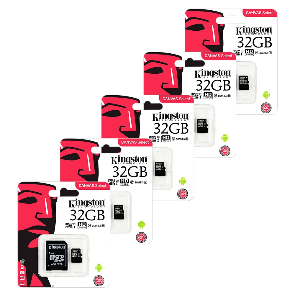 Kingston Canvas Select Micro SD SDHC Memory Card 80MB/s UHS-1 Class 10 With Adapter - 32GB - Value 5 Pack