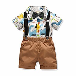 kleine Jungen Gentleman Outfits Anzüge, Jungen Kurzarmhemd Set, Dinosaurier Kurzhemd  Hosenträger kurze Hose  Fliege 4 Stück (Dinosaurier, 100 / 3-4y)