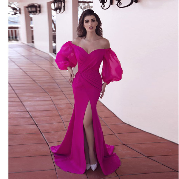 Attractive Fuchsia Mermaid Prom Dresses Off The Shoulder Side Split Evening Gowns Plus Size Sweep Train Long Sleeves Formal Dress