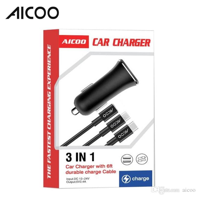 AICOO 3 in 1 Multi-function Car Charger Set with Charging Cable for Type-C Micro Android USB Mini Durable Portable Charger Retail Package
