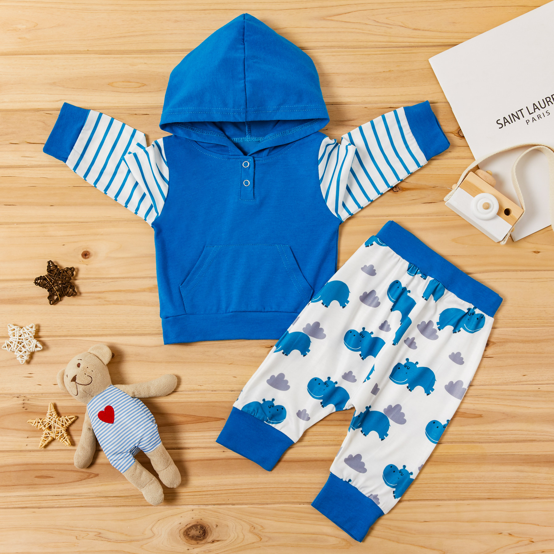 Baby Boy Striped Hoodie and Hippopotamus Print Pants Set