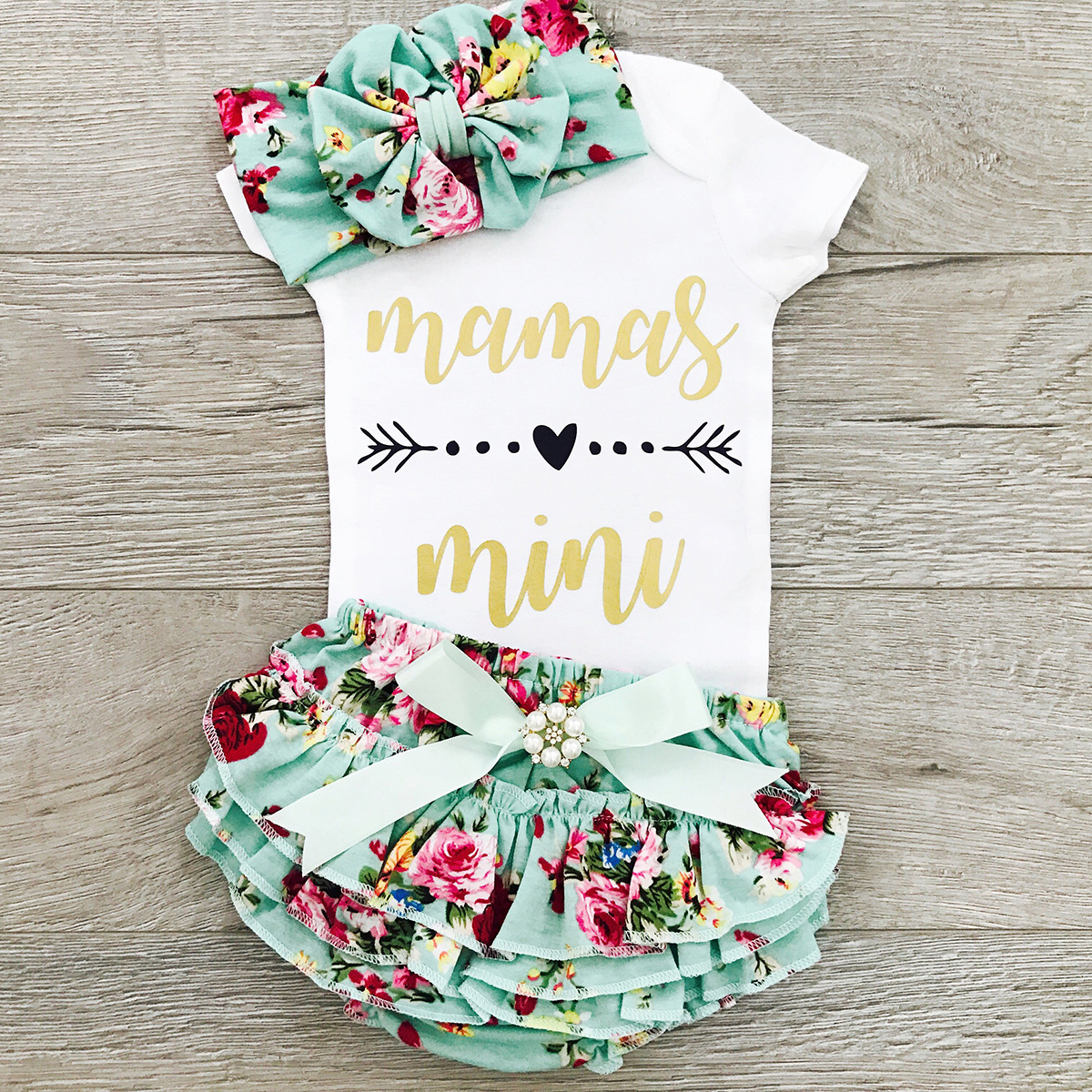 Baby/ Toddler Girl's Letter Print Bodysuit, Floral Ruffled Shorts and Bow Headband