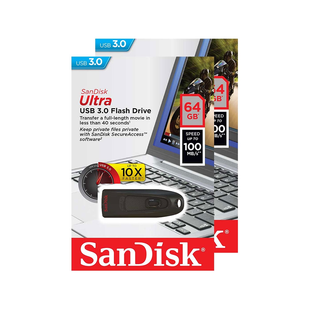 Sandisk Ultra USB 3.0 Flash Drive Memory Stick 100 MB/s - 64GB - Value Twin Pack