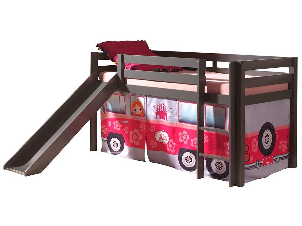 Vipack FLOWER BUS Spielbett Taupe inkl. Rutsche und Vorhang 90x200cm