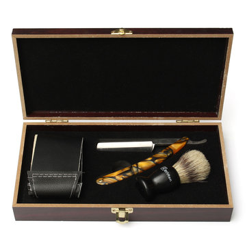 400C Stainless Steel Straight Manual Razor Hair Cutting Shaving Brush Strop Wooden Box Kit