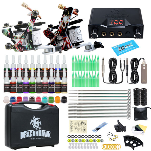 Dragonhawk Tattoo Kit 2 Guns 20 Color Inks Power Supply with Carry Case HW-8GD-9