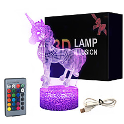 Unicorn 3D Nightlight Night Light Color-Changing Adorable Decoration Remote Control Touch Dimmer Gradient Mode Valentine's Day Christmas AA Batteries Powered USB 1pc