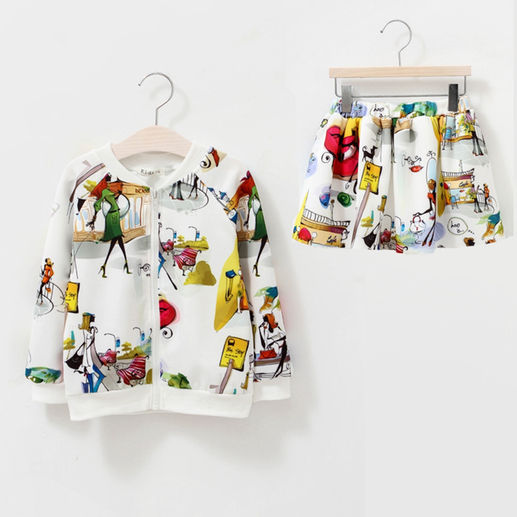 Stylish Cartoon Patterned Jacket and Skirt Set