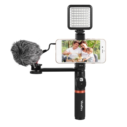 Smartphone Video Rig Hand Grip with BT Remote Control + Mini Microphone + Dimmable LED Light for iPhone 6s plus for Samsung Galaxy S8+ S8 Note 3 Huawei