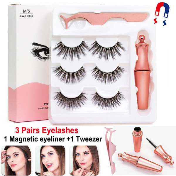3 Pairs Magnetic Eyelashes False Lashes +Liquid Eyeliner +Tweezer eye makeup set 3D magnet False eyelashes Natural reusable No Glue Needed