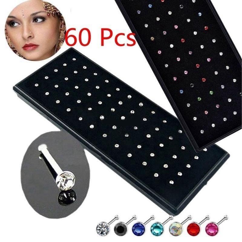 60 Pieces/pack Stainless Steel Crystal Nose Ring Set Women Girl Surgical Steel Nose Piercing Crystal Nose Stud Lot Body Jewelry SH190727