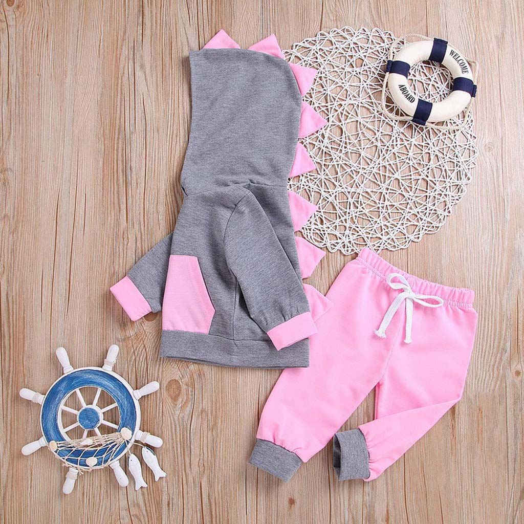 Comfy Dinosaur Design Serrate Hoodie and Pants Set for Baby Girls