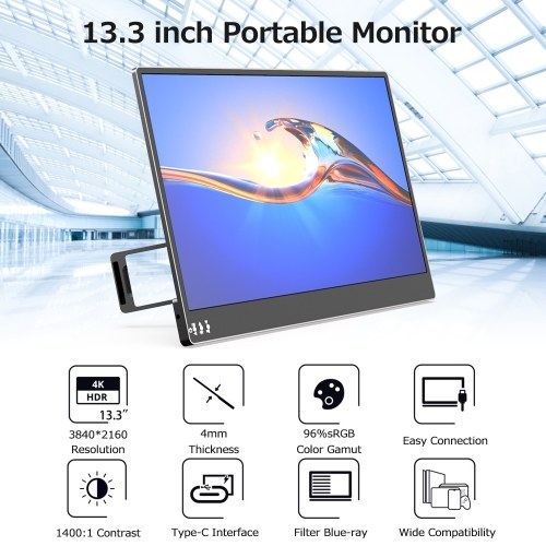 13.3 pouces Portable moniteur IPS écran 3840*2160 résolution avec support pliable intégré large compatibilité noir prised
