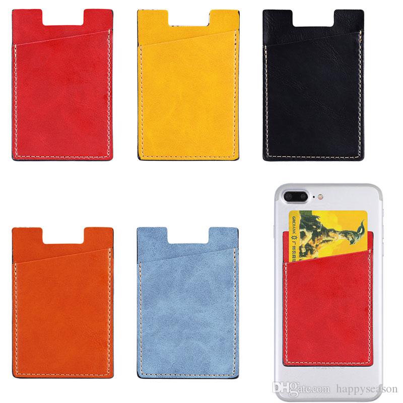 PU Leather Card Holder Phone Stick Wallet Stick On Phone Adhesive Pouch for iPhone Samsung Huawei Universal 5 Colors