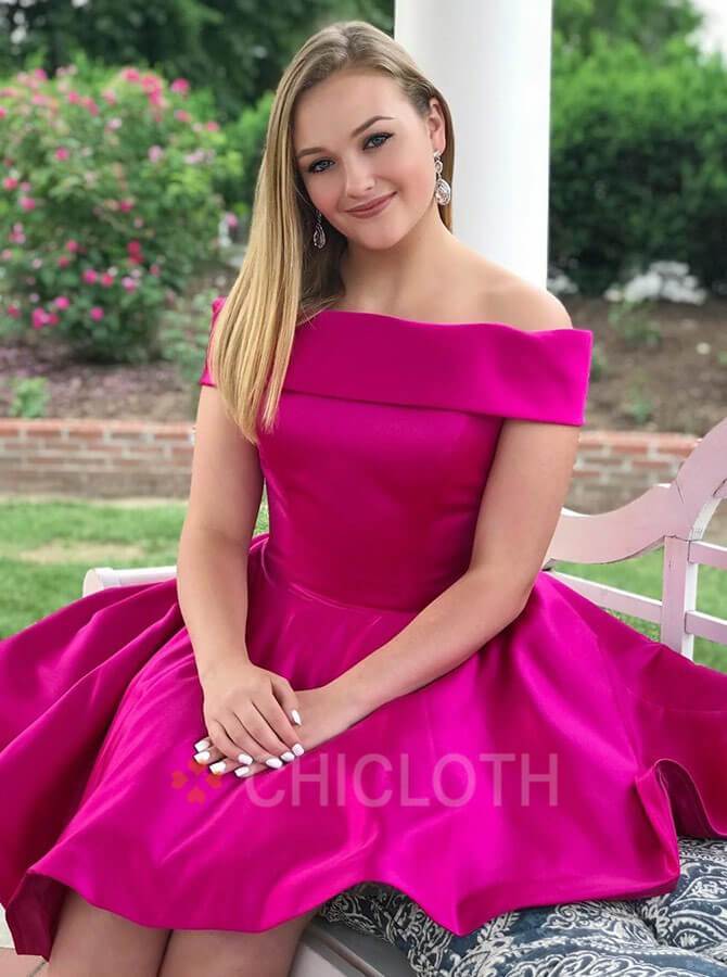 A-Line Off-the-Shoulder Fuchsia Satin Homecoming Party Dress-Cheap Casual Dresses