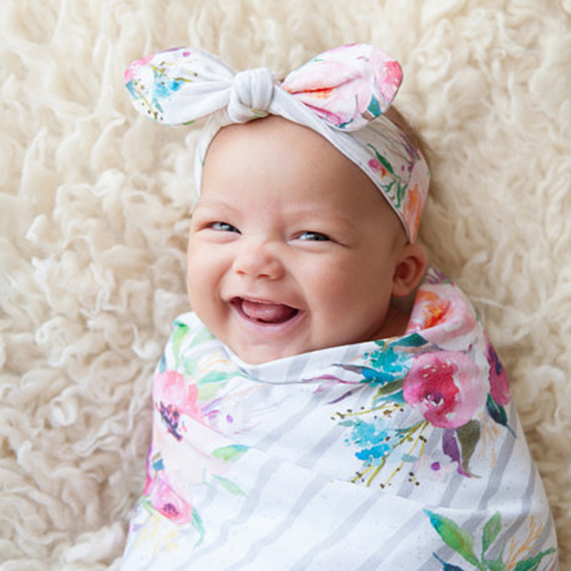 Floral Print Striped Swaddle Blanket and Headband