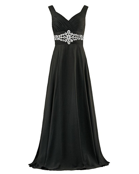 New Cheap Real Photo V-Neck Black Long Chiffon Prom Dresses With Beaded Crystal Plus Size Evening Party Gowns Formal Party Gown QC1440