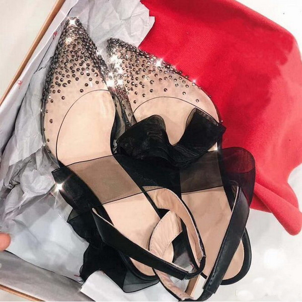 Black Lace up Slingback Women Pumps Newest Red Bottom High Heels PVC Crystal bling Pointed toe Wedding Party Shoes Full Original Packaging